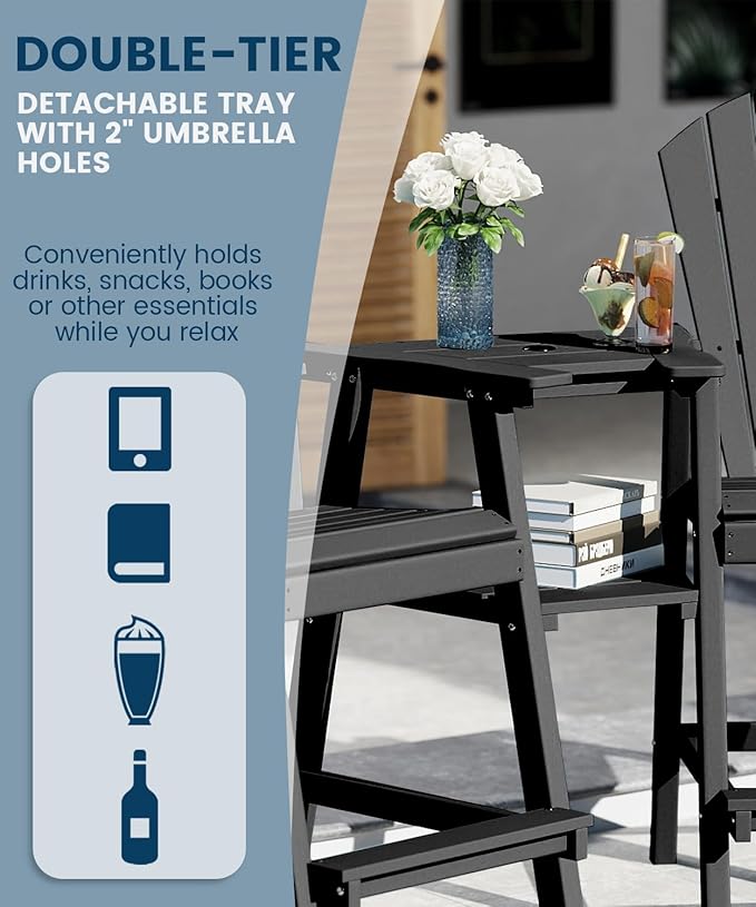 FOOWIN Tall Adirondack Chair Set of 4, All Weather HDPE Bar Height Adirondack Chair with Double Connecting Trays, Adirondack Barstools for Balcony, Deck, Backyard, Patio, Garden Black