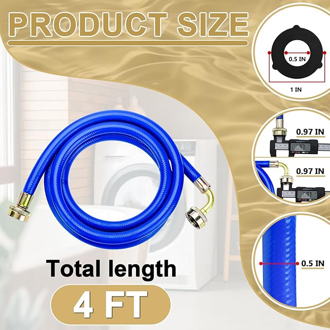 4FT Rubber Washing Machine Hoses with 90 Degree Elbows Burst Proof 2 Pack For Hot and Cold Water 3/4" NPT Connection Water Supply Lines by Cenipar Fit for ALL Washing Machine