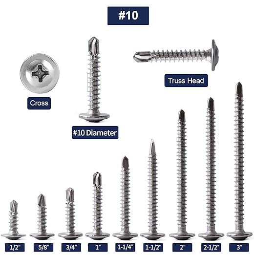 #10 x 2 Sheet Metal Screws 250PCS 410 Stainless Steel Truss Head Fast Self Tapping Screws by SG TZH