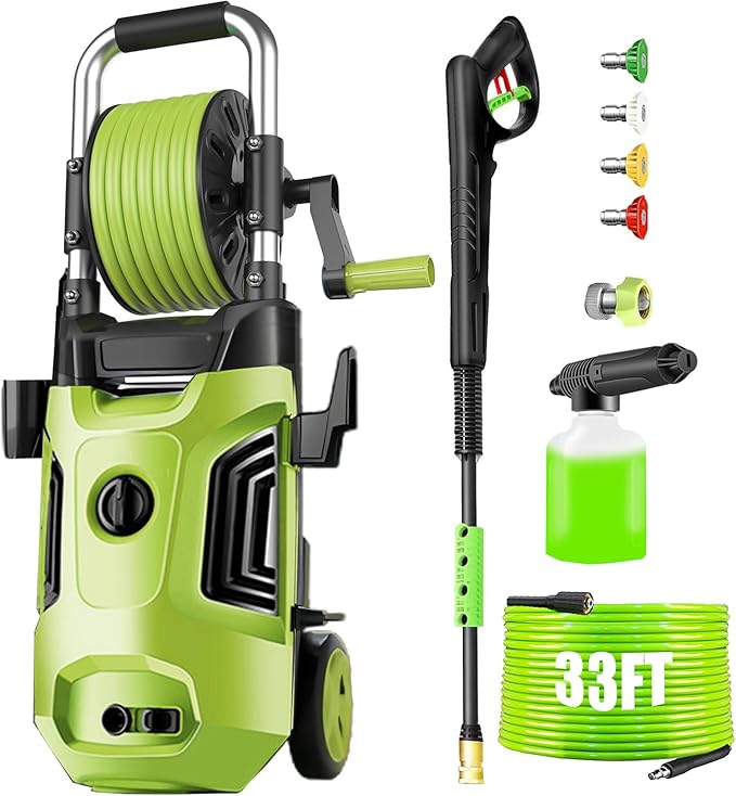Pressure Cleaner 4800 PSI Power Cleaners Electric Powered with 33ft Pressure Hose, 4 Nozzle and Foam Cannon, Powercleaners for Home, Cars, Patio, Light Green