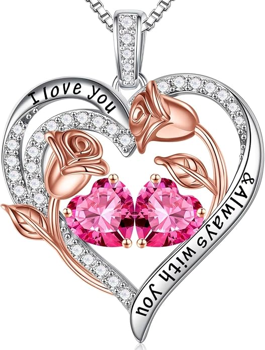 Iefil Christmas Gifts for Women Wife - 925 Sterling Silver Rose Heart Birthstone Necklace Birthday Anniversary Jewelry Gifts for Her Wife Mom Daughter