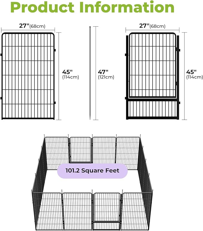 SunsGrove Tall Garden Fence with Gate, 45 in(H) x 35.7 ft(L) 16 Panels Heavy Duty Metal Animal Barrier Fence for Yard, Suitable for Indoor or Outdoor Dog Pet Fence, Garden Fence Border, Black