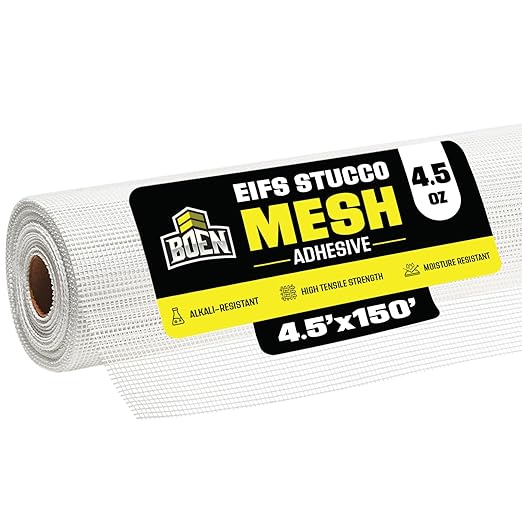 Boen Self-Adhesive EIFS Stucco Mesh Reinforcement Tape, Fiberglass Drywall Joint Tape for Plaster, Stucco, and Wall Repair (EF-4515045S, 4.5" x 150')