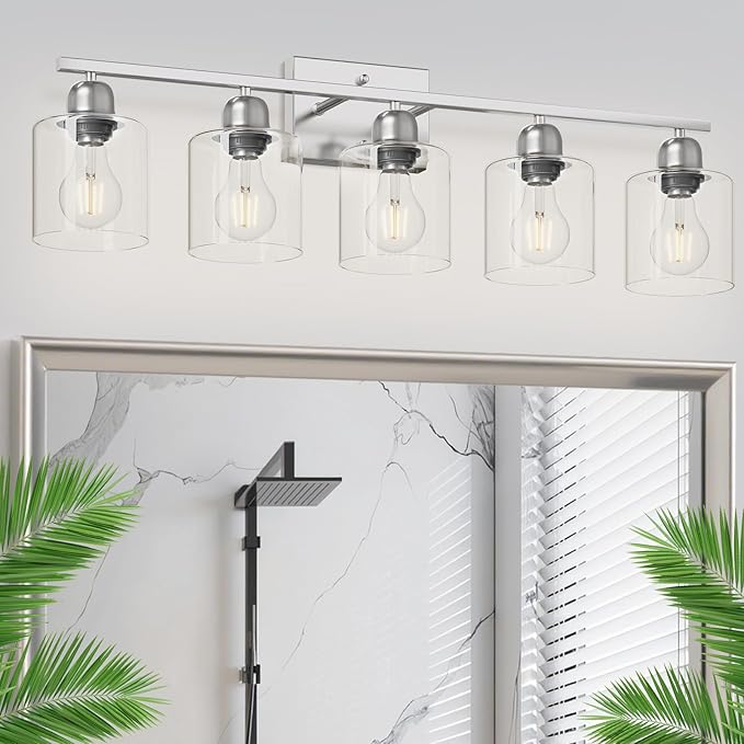 Modern Brushed Nickel 5 Light Bathroom Vanity Light, 31 inch Bathroom Light Fixtures, Vanity Lights with Clear Glass for Mirror Kitchen Living Room Hallway Cabinet Porch