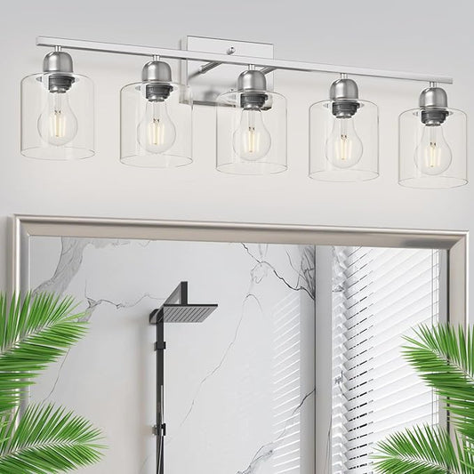 Modern Brushed Nickel 5 Light Bathroom Vanity Light, 31 inch Bathroom Light Fixtures, Vanity Lights with Clear Glass for Mirror Kitchen Living Room Hallway Cabinet Porch