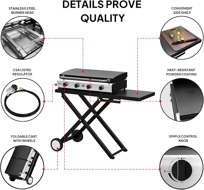 ROVSUN 40000 BTU Foldable Flat Top Gas Grill with Cart, Enameled Tray & Lid, 4 Burner Portable Rolling Propane Griddle with Electronic Ignition & Regulator for Outdoor Cooking Camping BBQ Tailgating