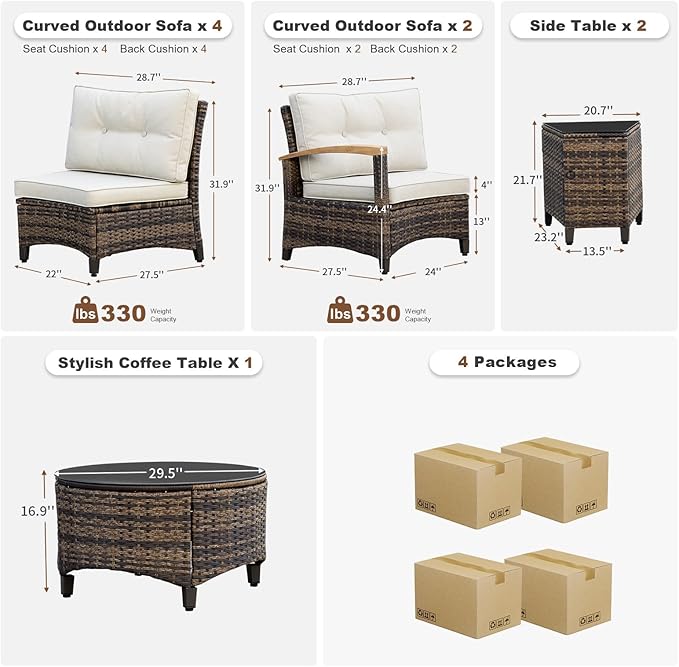 MEISSALIVVE 9 Piece Outdoor Patio Furniture Set, Half-Moon Curved Sectional Sofa Rattan Conversation Set with Wood Armrests, Coffee Table & Side Table（Brown）