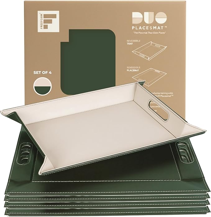 PLACEsMAT 2-in-1 Faux Leather Placemat & Serving Tray | Reversible Design, Lays Flat & Easy to Clean | Ottoman Food Tray, Housewarming Gift, 18” x 14” (Olive Green & Ivory, Set of 4)