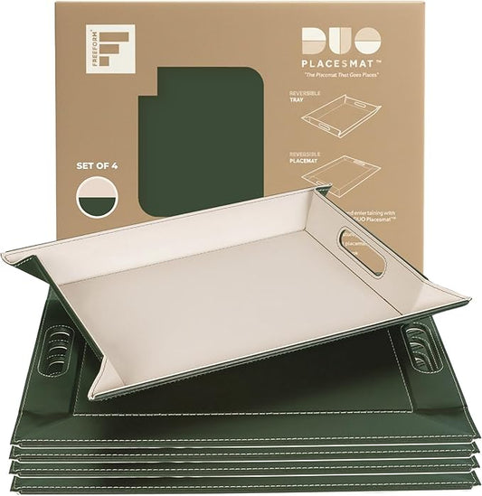 PLACEsMAT 2-in-1 Faux Leather Placemat & Serving Tray | Reversible Design, Lays Flat & Easy to Clean | Ottoman Food Tray, Housewarming Gift, 18” x 14” (Olive Green & Ivory, Set of 4)