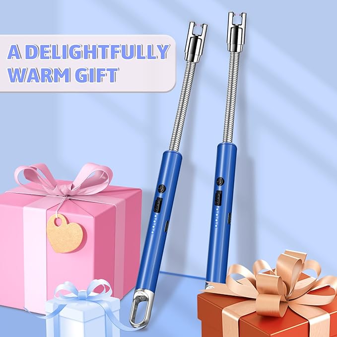 2 PCS Electric Lighter, Candle Lighter Arc Windproof Flame-Less with 360° Flexible Neck & LED Power Display, Type-C Rechargeable for BBQ, Grill, Camping, Fireplace, Stove