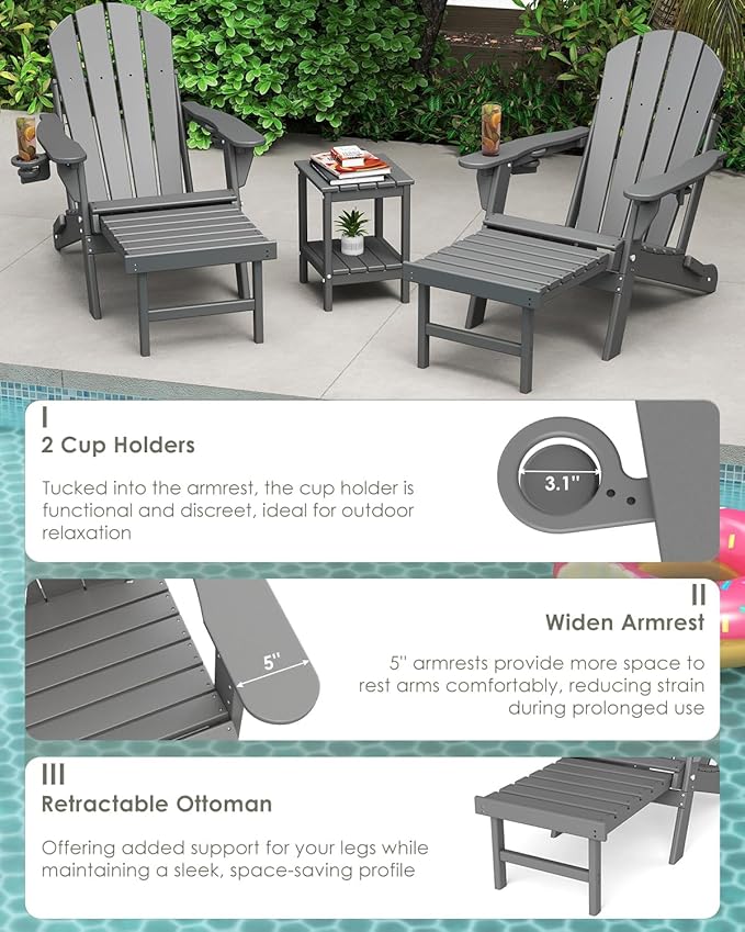 GREENVINES Adjustable Adirondack Chair with Retractable Ottoman Set of 4 | Folding | HDPE Plastic | Fire Pit Chairs w/Foot Rest | 2 Cup Holders | Grey | for Outdoor Patio Poolside Deck