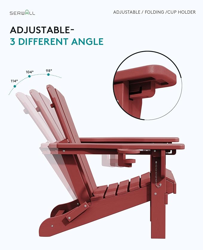 SERWALL Folding Adirondack Chair Set of 4, Adjustable Adirondack Chair with 3 Recline Positions, All Weather HDPE Outdoor Adirondack with Cup Holders, Red