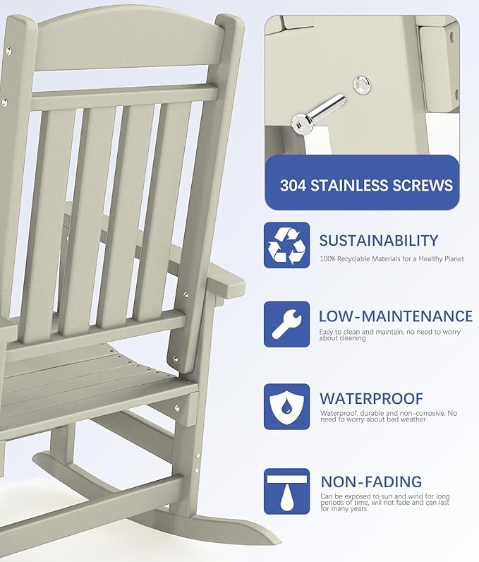FOOWIN Outdoor Rocking Chair Set of 6, High Back Patio Rocking Chair, HDPE All Weather Resistant Porch Rocker for Adult, Oversized Rocking Chairs for Garden, Lawn, Indoor & Outdoor Use, Sand