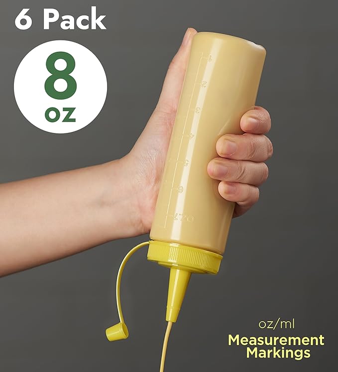 CURTA 6-Pack 8 oz Clear Squeeze Bottle with Cap, BPA-Free Easy-to-Squeeze Plastic Condiment Dispenser with oz & ml Markings for Sauce, Oil, Dressing, Dishwasher Safe, Yellow