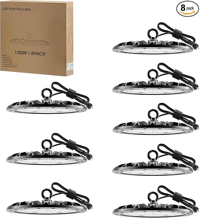 Zelvia D5 Series Led High Bay Light 6000K Daylight White LED Commercial High Bay Light Commercial High Bay Lighting with 1.2M Cable Plug Workshop Light Garage Light (8, 100W)