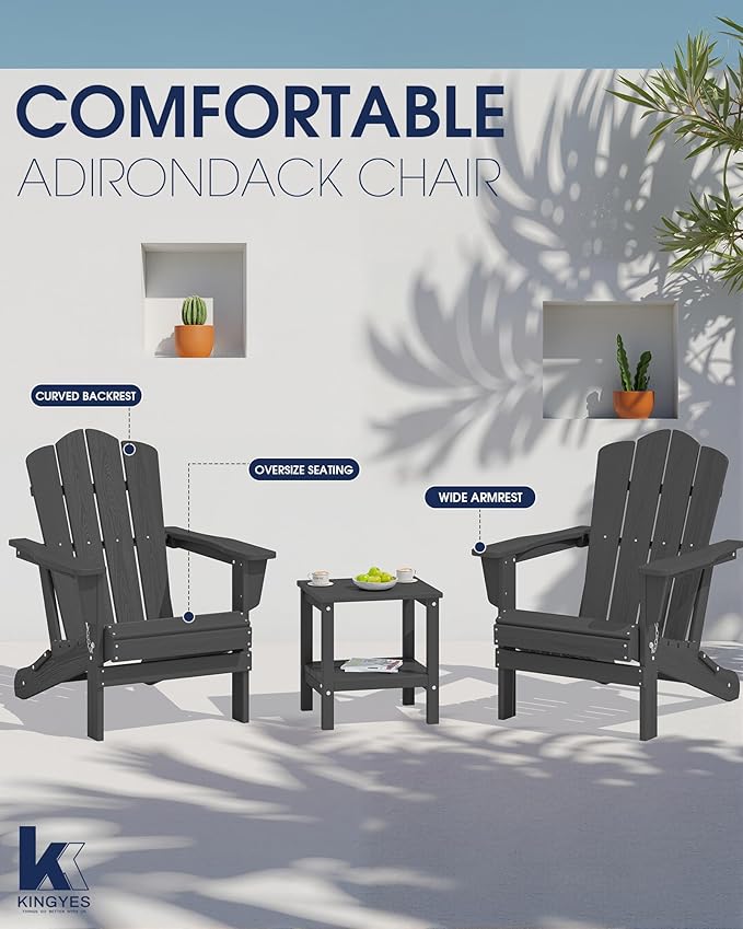 KINGYES Folding Adirondack Chair, HDPE All-Weather Patio Chairs, Wooden Textured Lawn Chair for Poolside, Backyard, Deck, Fire Pit, Grey