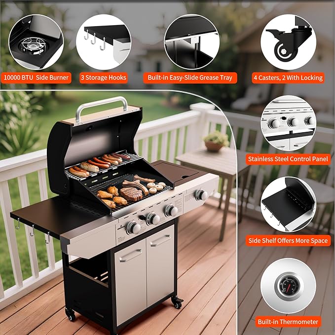 3-Burner Propane Gas BBQ Grill with Side Burner, 40,000 BTU Stainless Steel Gas Grill with Wheels and Storage,Outdoor cooking for Barbecue,Patio,Camping