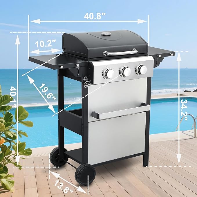 3 Burner Propane Gas Grill, Stainless Steel BBQ Grill, 2 Enameled Cast Iron Grill Grates, Portable with Wheels, 25,950 BTU, Outdoor Barbecue Grills