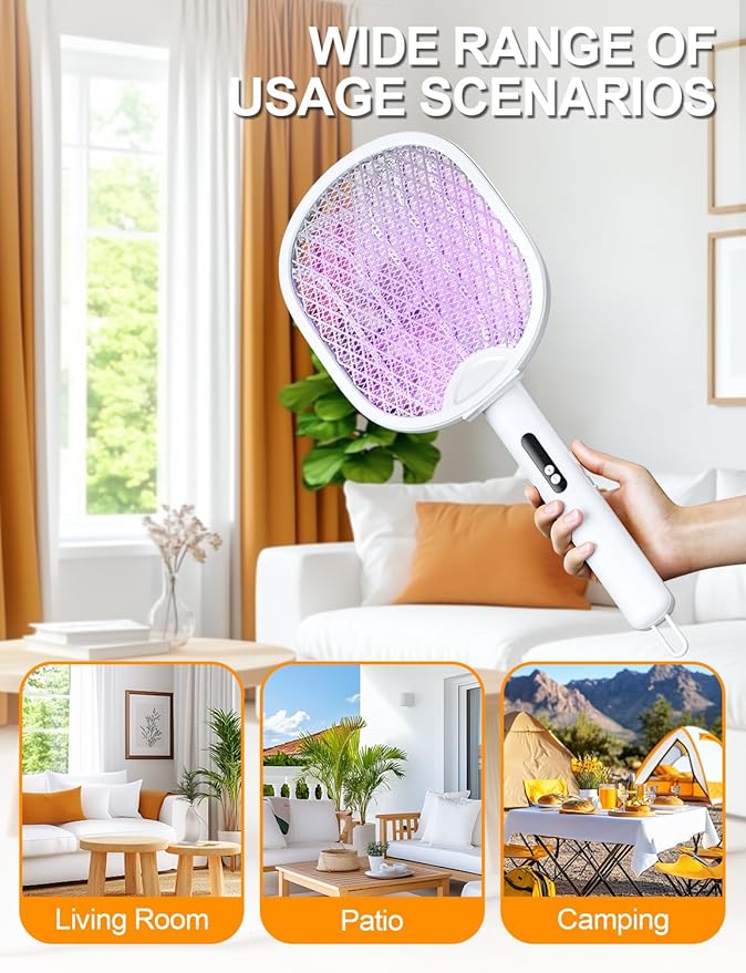 Electric Fly Swatter 4000V Bug Zapper Racket Foldable with Blue Light Dual Mode 1800mAh Rechargeable Battery 5-Layer Safety Mesh for Indoor & Outdoor
