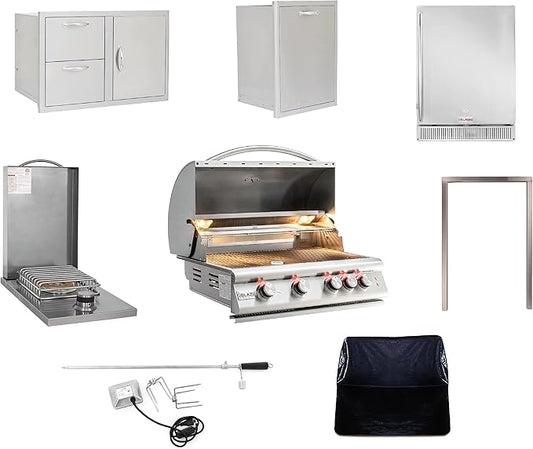 BLAZE BBQ Outdoor Grill Package 14 of 32” LTE Built-in Natural Gas Grill, Gas Dop-In Single Side Burner, 32” Door & Two Drawers Combo, 18” Roll Out Propane Tank, 24” Refrigerator, and Accessories
