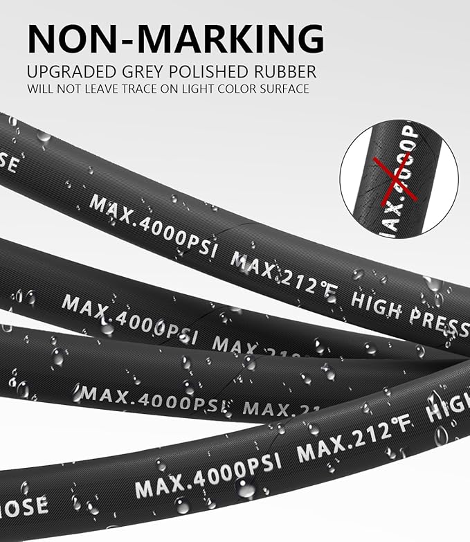 Pressure Washer Hose 75FT 4000 PSI, Kink Resistant Steel Braided Layer & NonMarking Rubber for Hot/Cold Water, High Power Washer Hose With 3/8 Inch Quick Connect & M22 Fitting, Black