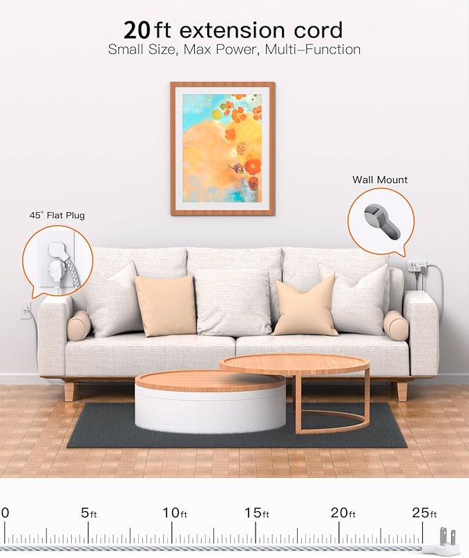 Extension Cord 20 Ft, Flat Plug Power Strip with 6 Outlets with 4 USB Ports(2 USB C), Wall Mount Charging Station, No Surge Protector for Home Office College Dorm Room Travel Essentials