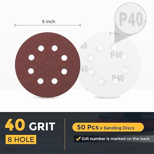 HARFINGTON 50 Pcs 5 Inch Sanding Discs, 40 Grit Hook and Loop Sandpaper, 8-Hole Aluminum Oxide Round Orbital Sander Sandpaper for Woodworking Automotive Metal Polishing, Red