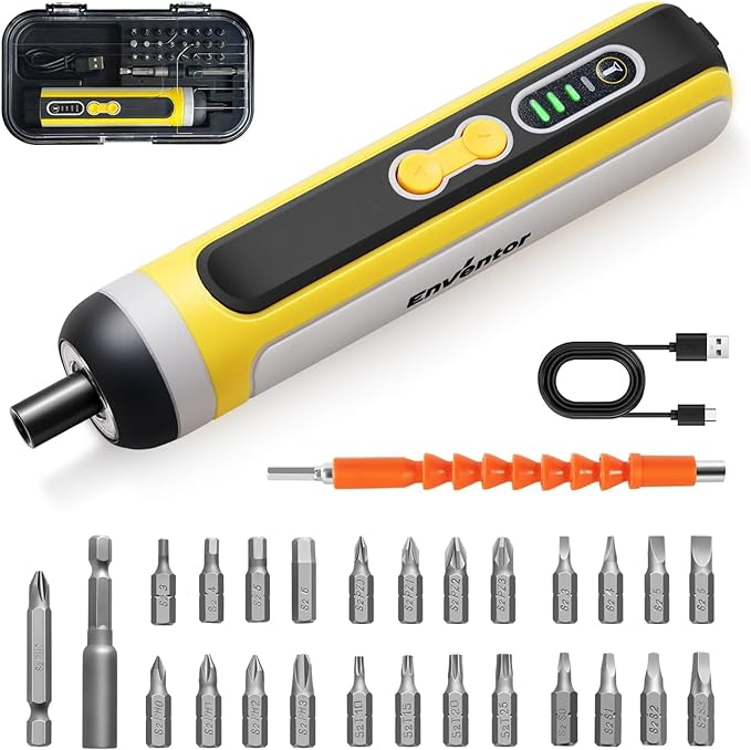 Enventor Cordless Screwdriver Set, 4V 6N.m Electric Screwdriver 2000mAh with USB Type-C Rechargeable, 3 Torque Settings, LED Work Light, Magnetic Bits Set, Bit extension Holder, Flexible shaft