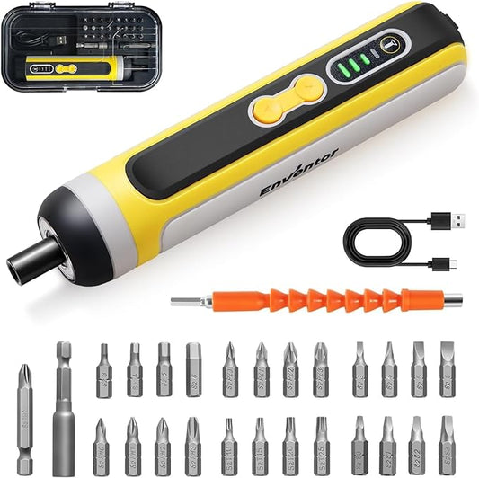 Enventor Cordless Screwdriver Set, 4V 6N.m Electric Screwdriver 2000mAh with USB Type-C Rechargeable, 3 Torque Settings, LED Work Light, Magnetic Bits Set, Bit extension Holder, Flexible shaft