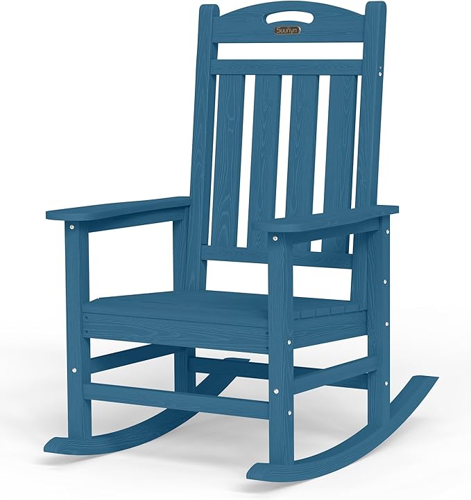Oversized Outdoor Rocking Chair, High Back Porch Rocker Chair, HDPE All Weather Resistant Rocking Chairs for Patio, 380lbs Weight Capacity, Navy Blue
