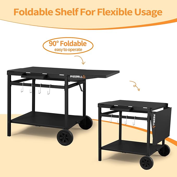 PIZZELLO Outdoor Grill Table 44" x 26" Movable Pizza Oven Stand Foldable Double-Shelf Grill Cart Fit for 12/16inch Oven Ooni Ninja Woodfire Blackstone