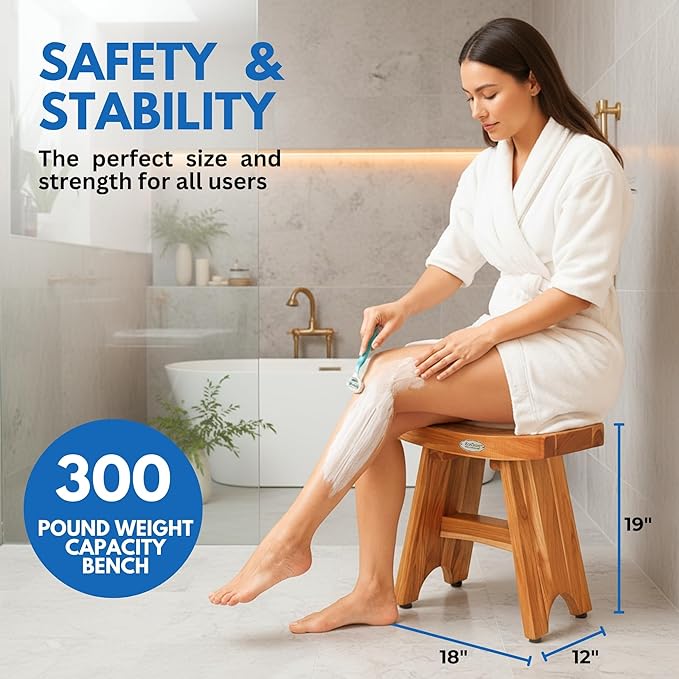 EcoDecors Teak Shower Bench 19", 300 lb Capacity – Waterproof Wood Bath Seat for Adults - Compact Spa Stool for Small Bathrooms & Walk-in Showers with Slip-Resistant Feet