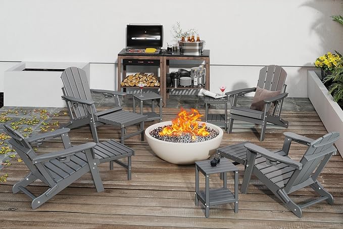 GREENVINES Adjustable Adirondack Chair with Retractable Ottoman | Folding | HDPE Plastic | Fire Pit Chairs w/Foot Rest | 2 Cup Holders | Grey | for Outdoor Patio Poolside Deck