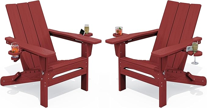 SERWALL Folding Adirondack Chair with Cup Holders, Weather Resistant HDPE Modern Adirondack Chair Set of 2, Plastic Outdoor Fire Pit Chairs, Red