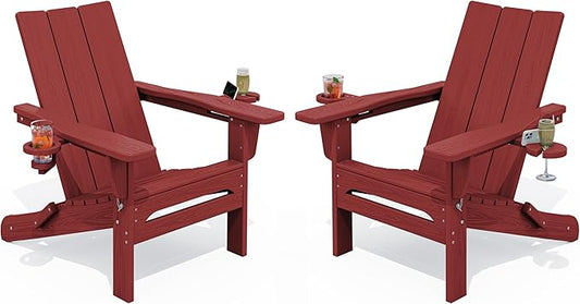 SERWALL Folding Adirondack Chair with Cup Holders, Weather Resistant HDPE Modern Adirondack Chair Set of 2, Plastic Outdoor Fire Pit Chairs, Red