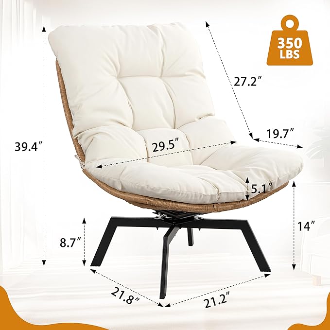 Shintenchi Outdoor Rattan Swivel Chair,Nature Wicker Patio Rotating Chair with Beige Thickened Cushion and Side Pocket,360° Rotation Patio Lounge Chairs for Living Room Bedroom Backyard Balcony