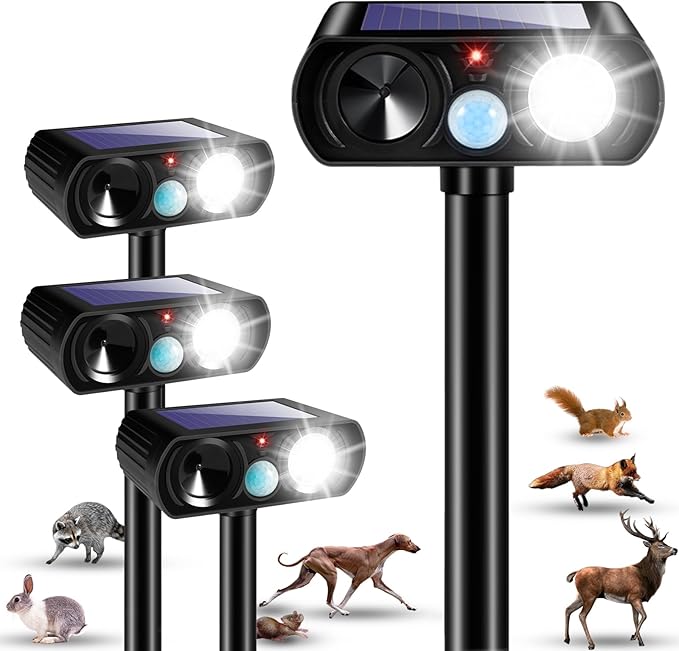 2025 Solar Ultrasonic Racoon Fortress Pro, Deer Cat Repellent Devices Animal Repeller Squirrel Rabbit Deterrent Outdoor with Motion Sensor&Flash Light to Scare Dog Skunk Out of Garden Farm Yard(4Pack)