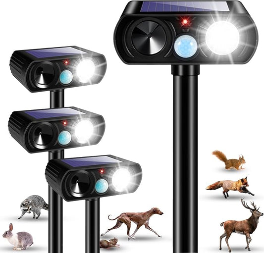 2025 Solar Ultrasonic Racoon Fortress Pro, Deer Cat Repellent Devices Animal Repeller Squirrel Rabbit Deterrent Outdoor with Motion Sensor&Flash Light to Scare Dog Skunk Out of Garden Farm Yard(4Pack)