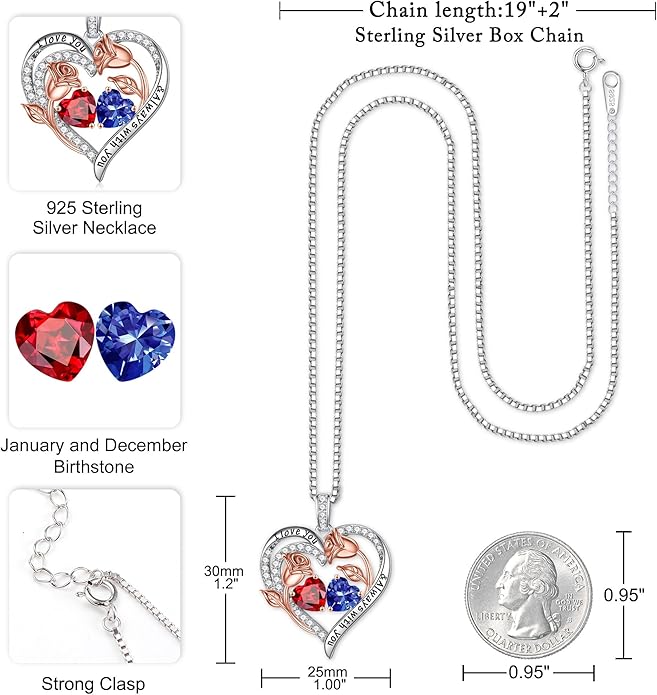 Iefil Christmas Gifts for Women Wife - 925 Sterling Silver Rose Heart Birthstone Necklace Birthday Anniversary Jewelry Gifts for Her Wife Mom Daughter
