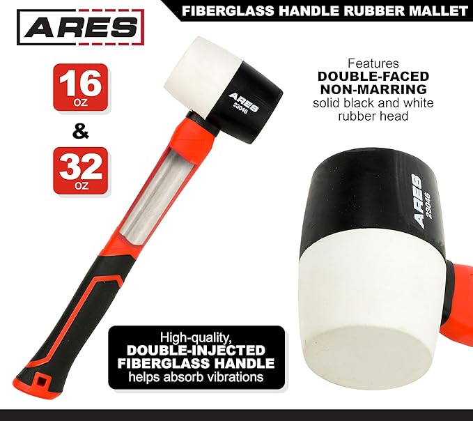 ARES 23059 – 2-Piece Fiberglass Handle Double Faced Soft Mallet Set – Rubber Mallets Deliver Softened Strikes for Delicate Materials - Woodworking, Automotive, and More