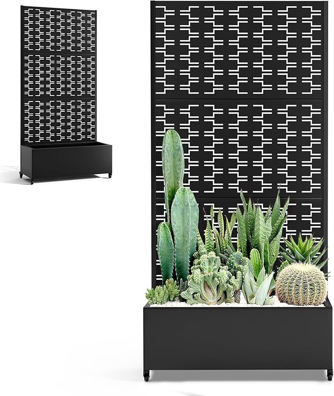 Planter Box with Trellis and Wheels, Metal Privacy Screen with Garden Beds Outdoor for Climbing Plants, Standing Planter Boxes with Drainage Holes (35" L×16" W×71" H, Black Rectangle)