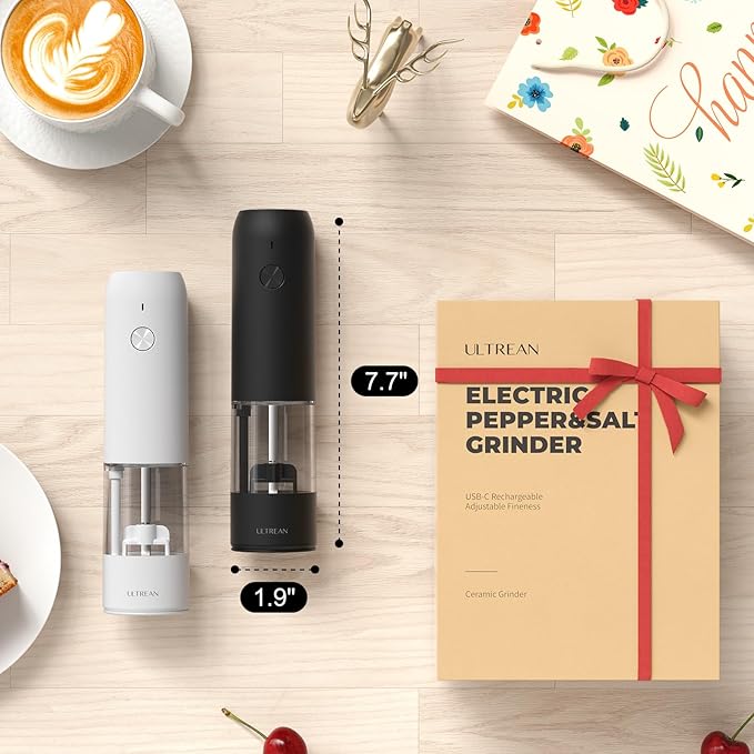 Ultrean Salt and Pepper Grinder Set, Rechargeable Salt and Pepper Shakers, 6 Adjustable Coarseness, LED Light, Automatic Pepper Mill for Kitchen, Christmas Gifts, Black&White