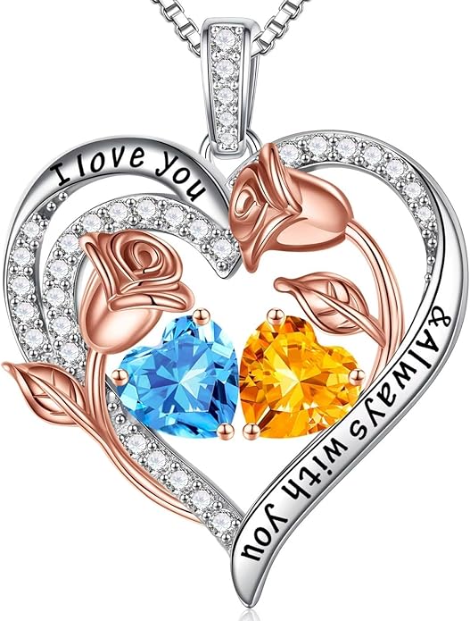 Iefil Christmas Gifts for Women Wife - 925 Sterling Silver Rose Heart Birthstone Necklace Birthday Anniversary Jewelry Gifts for Her Wife Mom Daughter