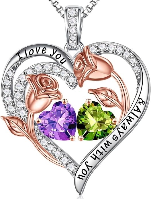 Iefil Christmas Gifts for Women Wife - 925 Sterling Silver Rose Heart Birthstone Necklace Birthday Anniversary Jewelry Gifts for Her Wife Mom Daughter