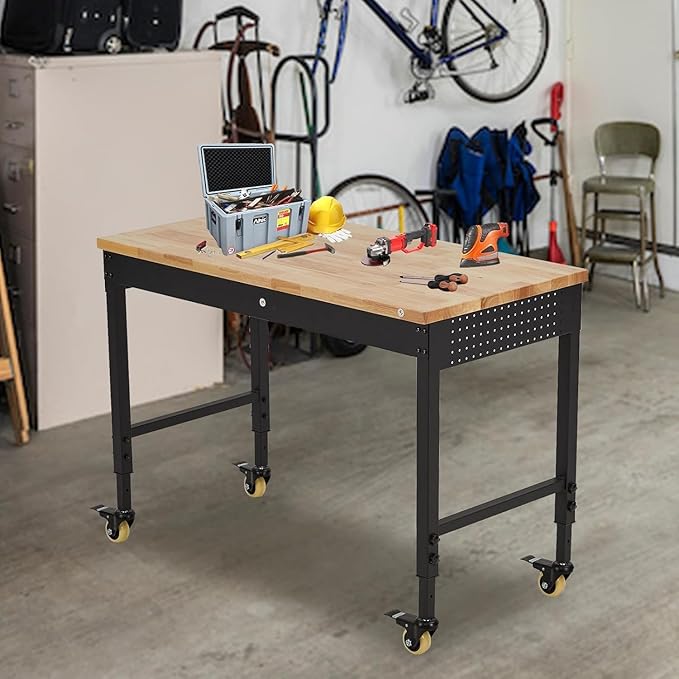 60"x22" Heavy-Duty Adjustable Workbench - 2000LB Capacity Work Bench with Rubberwood Top, Locking Wheels & Power Outlets, 27.8"-39.5" Height, Mobile Garage Workstation for Workshop/Home DIY