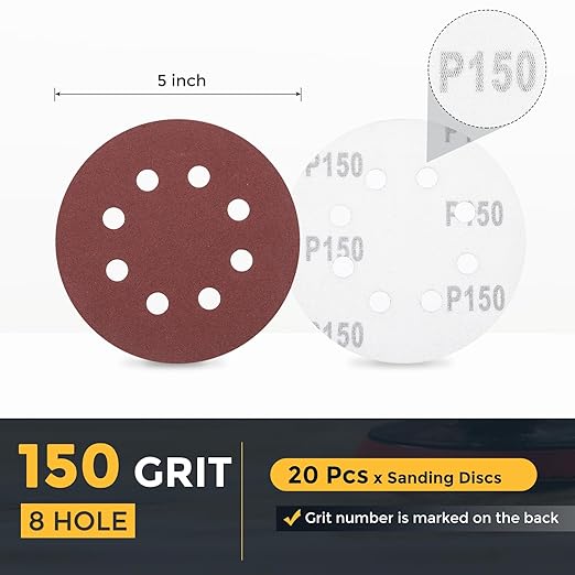 HARFINGTON 20 Pcs 5 Inch Sanding Discs, 150 Grit Hook and Loop Sandpaper, 8-Hole Aluminum Oxide Orbital Sander Sandpaper for Woodworking Automotive Metal Polishing, Red