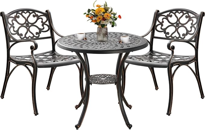 3 Piece Outdoor Dining Set,Cast Aluminum Bistro Set with Umbrella Hole, All Weather Patio Furniture Set, Small Patio Dining Set for Garden/Balcony/Deck Bronze (Flower Backrest)