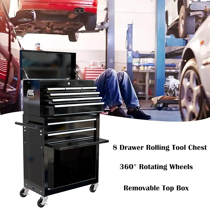 8 Drawers Rolling Tool Box Organizer,High Capacity Tool Chest with Wheels,Lockable Rolling Tool Chest with Bottom Cabinet, Tool Box Rolling Workshop Storage Cabinet (8 Drawers(Black))