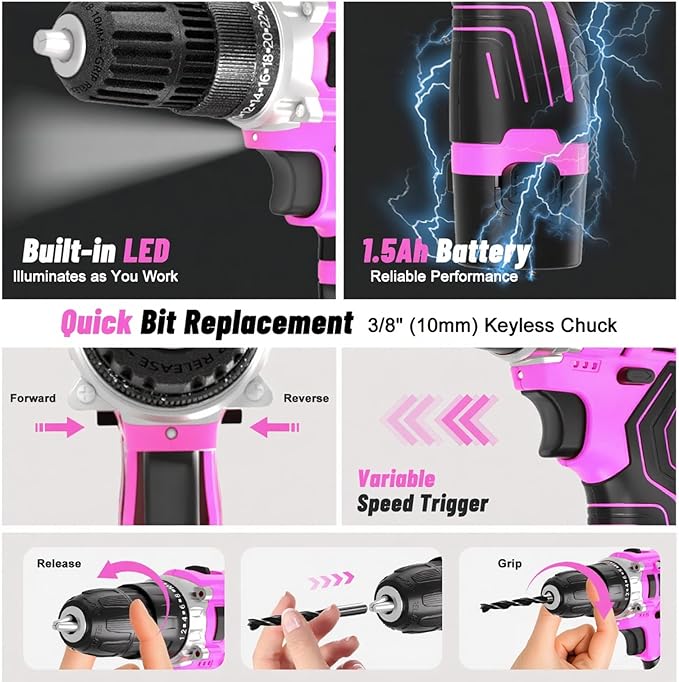 12V Cordless Electric Drill Driver Set, Powerful Lightweight Portable Rechargeable Screwdriver 42pcs Accessories,2-Speed, 24+1 Position for Wood/Wall Drilling & Screw Driving, Home DIY Tool woman man
