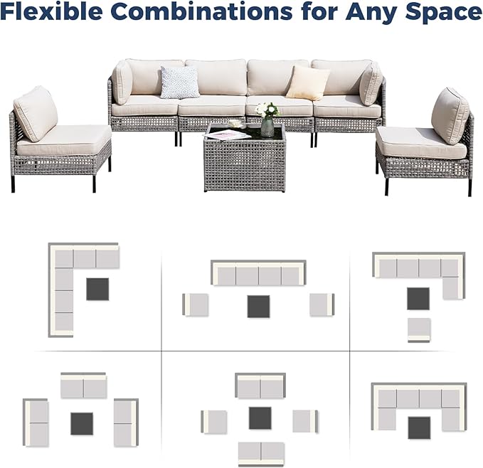 7-Piece Outdoor Wicker Sectional Set with 2 Armchairs, 4 Armless Chairs and Glass Table, Modular PE Rattan Sofa with Beige Cushions for Patio, Deck, Garden, Porch